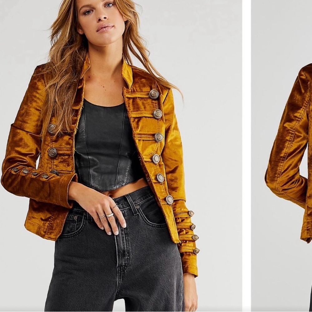 Free People Gold Velvet Military style Blazer size L - Picture 4 of 4